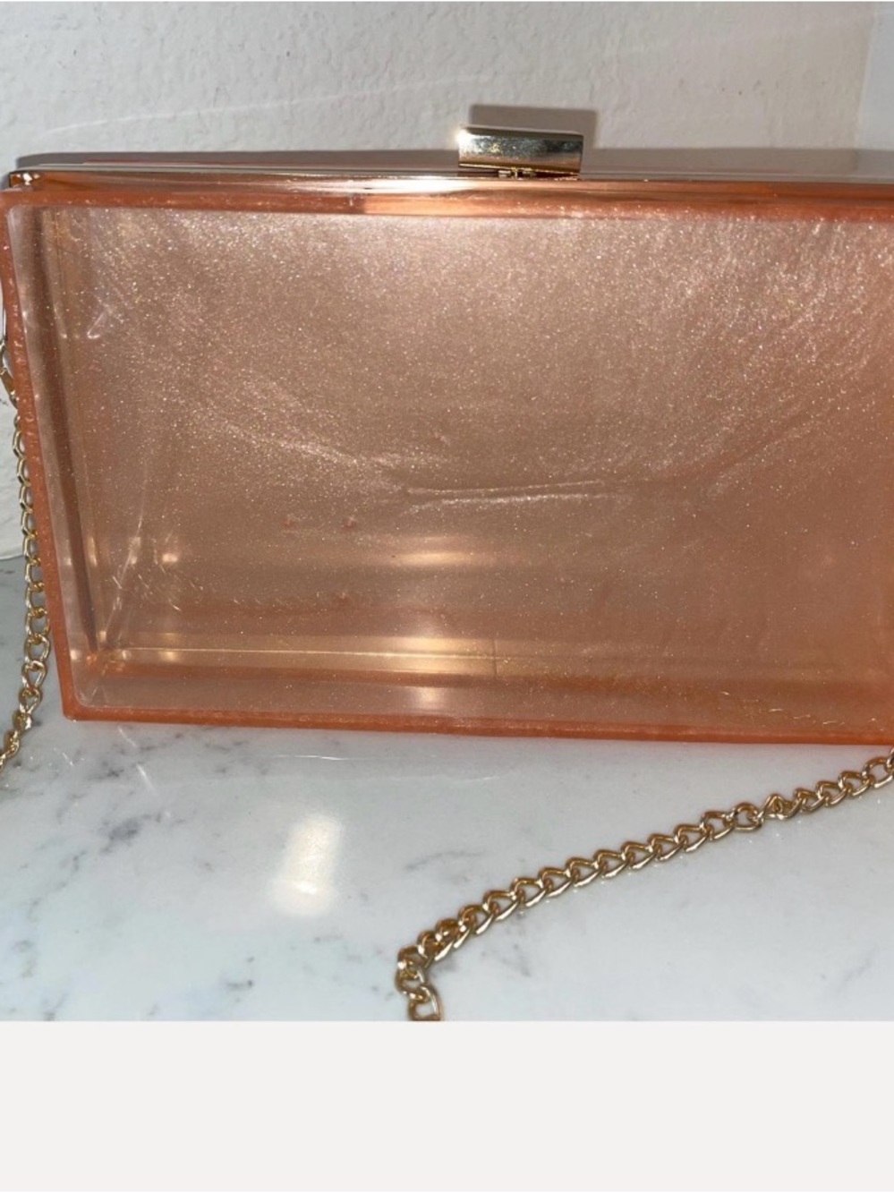 Peach Rose Gold Resin Clutch Handbag with a Gold Long Chain and Frame